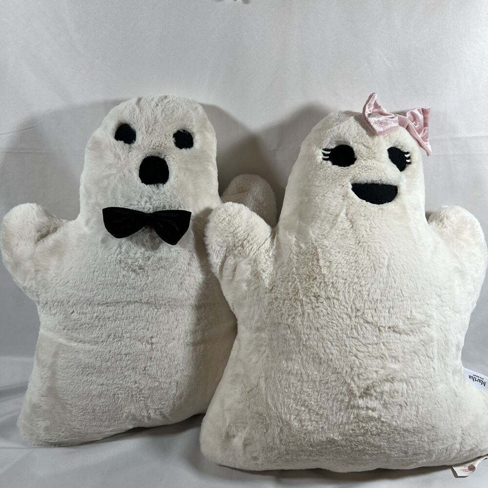 Martha Stewart 2 BIG Halloween Decor Ghost Pillows 18” Boy Girl Mr Mrs Pink Bow